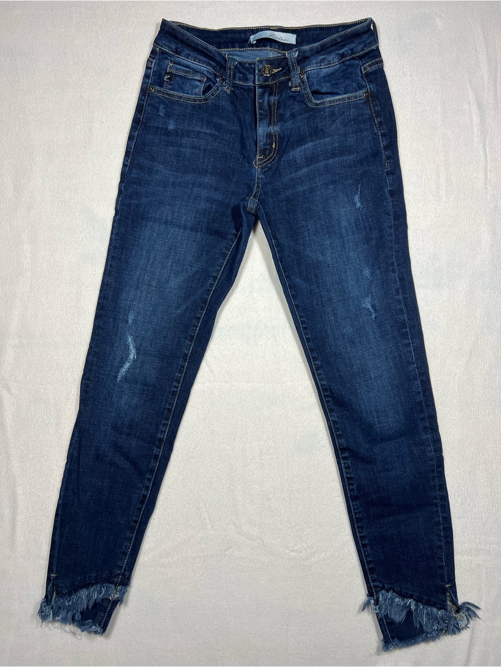 KanCan Dark Blue Distressed Ankle Jeans with Frayed Hem